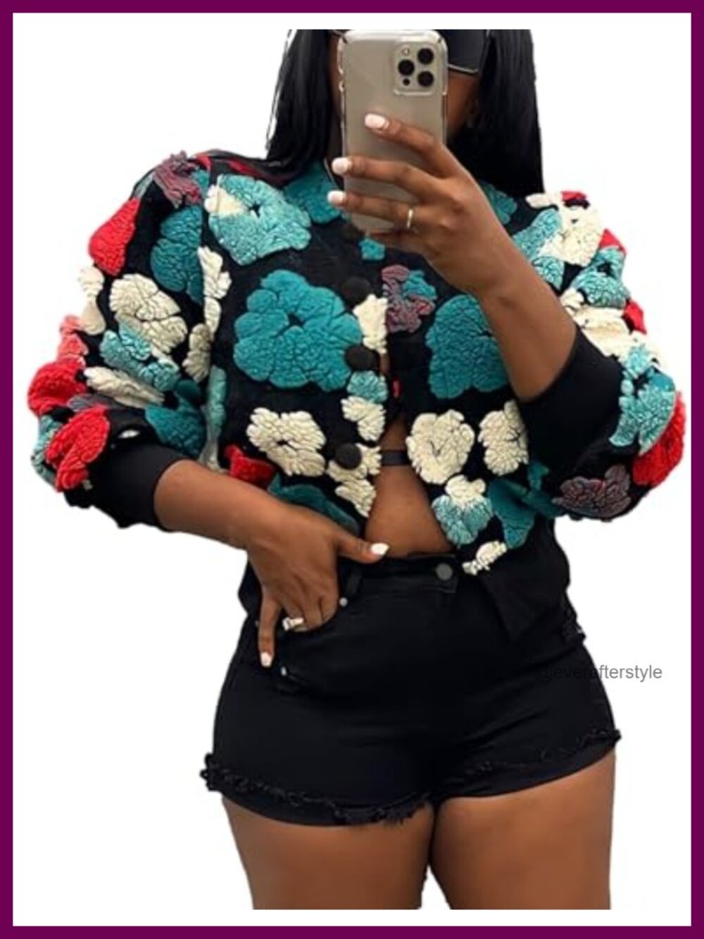 Women's Cropped Sherpa Fleece Bomber Jacket Floral Print Button Down Coat